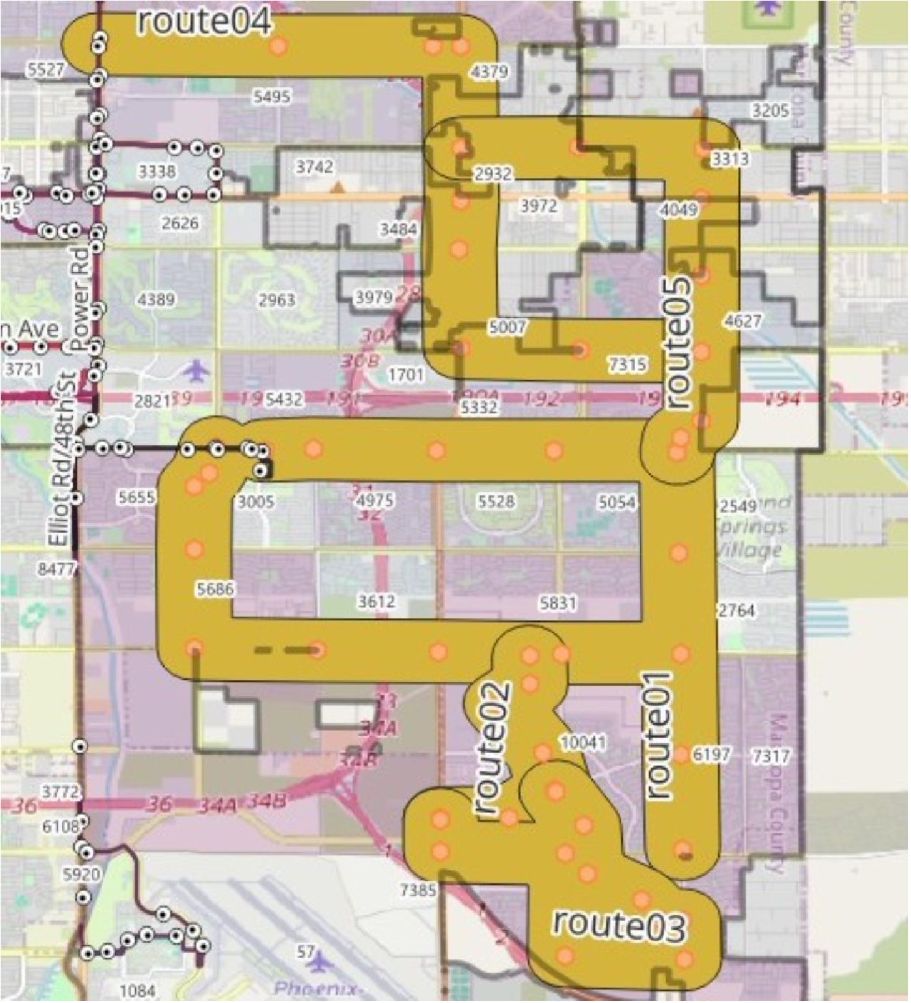 Zoomed proposed routes with walkability buffers